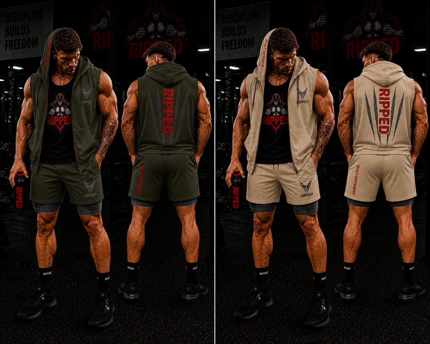 Olive and Sand kits — front and back
